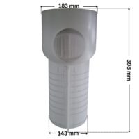 Cestello ricambio per pompa piscina Maxim Astralpool con quote dimensionali: diametro esterno inferiore 143 mm, diametro esterno superiore 183 mm e altezza esterna totale 398 mm.