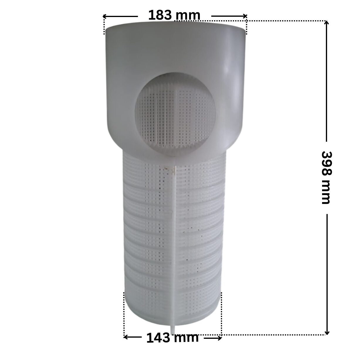 Cestello ricambio per pompa piscina Maxim Astralpool con quote dimensionali: diametro esterno inferiore 143 mm, diametro esterno superiore 183 mm e altezza esterna totale 398 mm.