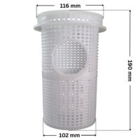 Cestello ricambio ricambio per pompa piscina Nocchi Swimmey Pentaire con quote dimensionali: diametro esterno superiore 116 mm, diametro esterno inferiore 102 mm e altezza totale 190 mm.