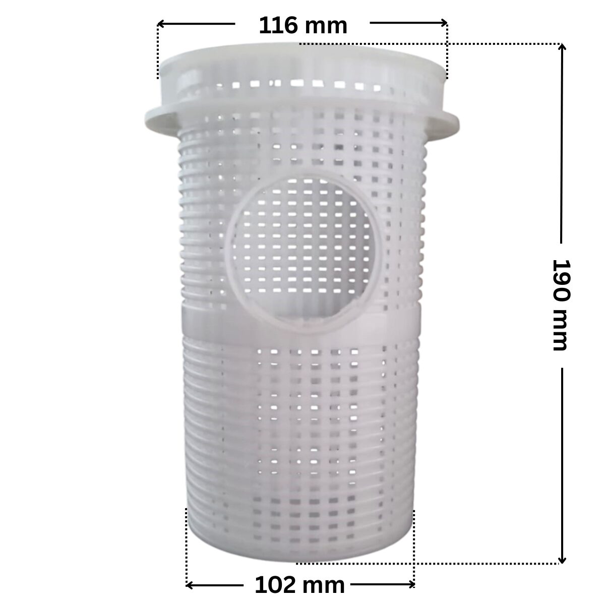 Cestello ricambio ricambio per pompa piscina Nocchi Swimmey Pentaire con quote dimensionali: diametro esterno superiore 116 mm, diametro esterno inferiore 102 mm e altezza totale 190 mm.