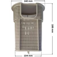 Vista frontale del cestello ricambio per pompa piscina Powerflo Hayward con quote dimensionali: diametro esterno superiore 142 mm, diametro esterno inferiore 104 mm e altezza totale 188 mm.