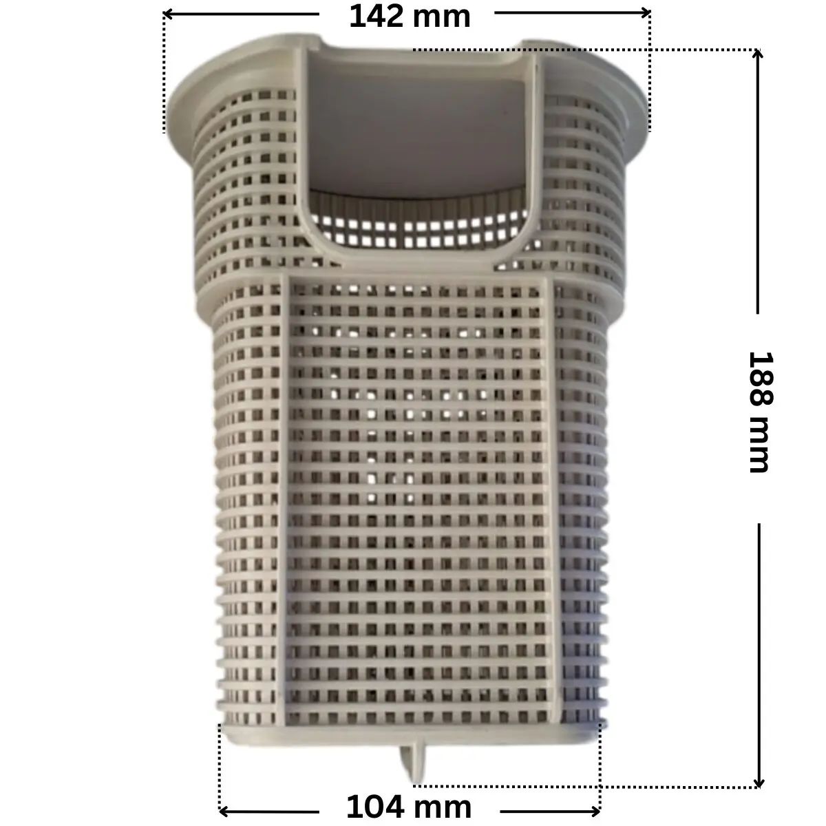 Vista frontale del cestello ricambio per pompa piscina Powerflo Hayward con quote dimensionali: diametro esterno superiore 142 mm, diametro esterno inferiore 104 mm e altezza totale 188 mm.