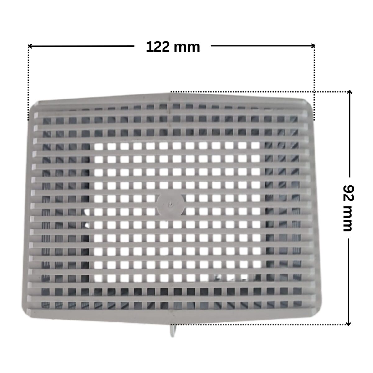 Vista inferiore del cestello ricambio per pompa piscina Super Pump Hayward con quote dimensionali: lunghezza esterna 122 mm e larghezza esterna 92 mm.