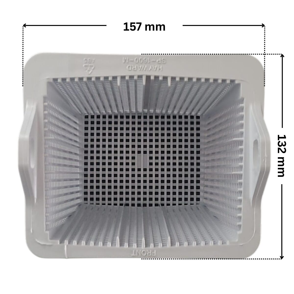 Vista superiore del cestello ricambio per pompa piscina Super Pump Hayward con quote dimensionali: lunghezza esterna 157 mm e larghezza esterna 132 mm.