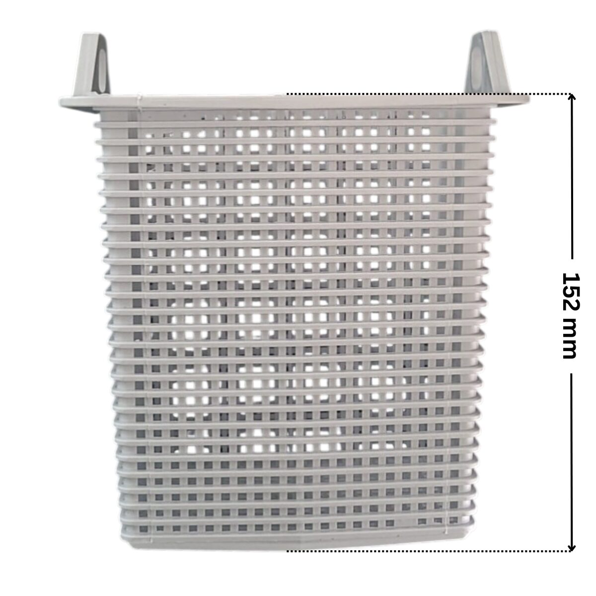 Vista frontale del cestello ricambio per pompa piscina Super Pump Hayward con quote dimensionali: altezza esterna totale 152 mm.