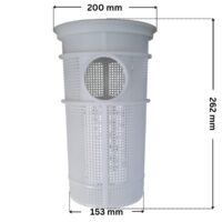 Cestello ricambio per pompa piscina Winner Saci con quote dimensionali: diametro esterno superiore 200 mm, diametro esterno inferiore 153 mm e altezza esterna totale 262 mm.