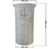 Cestello ricambio per pompe piscina Denver e Discovery Astralpool con quote dimensionali: diametro esterno superiore 153 mm, diametro esterno inferiore 120 mm e altezza totale con manico 260 mm.