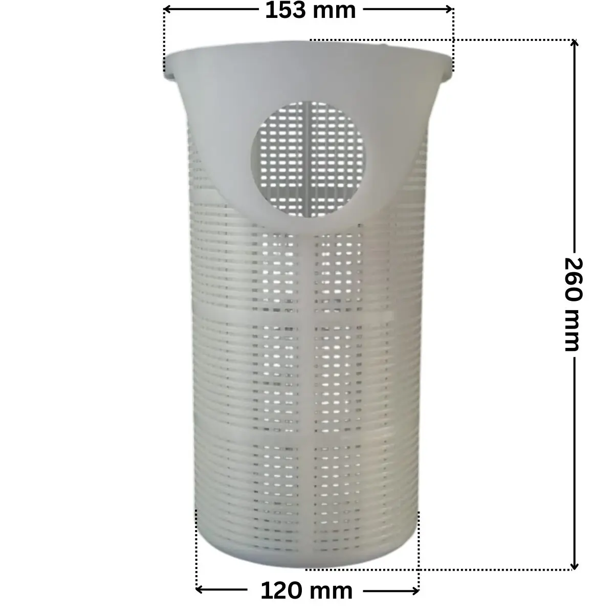 Cestello ricambio per pompe piscina Denver e Discovery Astralpool con quote dimensionali: diametro esterno superiore 153 mm, diametro esterno inferiore 120 mm e altezza totale con manico 260 mm.