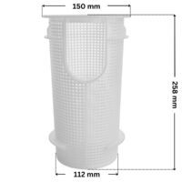 Cestello ricambio per pompe piscina Glass Plus, Victoria Plus e Victoria Plus Silent Astralpool con quote dimensionali: diametro esterno superiore 150 mm, diametro esterno inferiore 112 mm e altezza totale 258 mm.