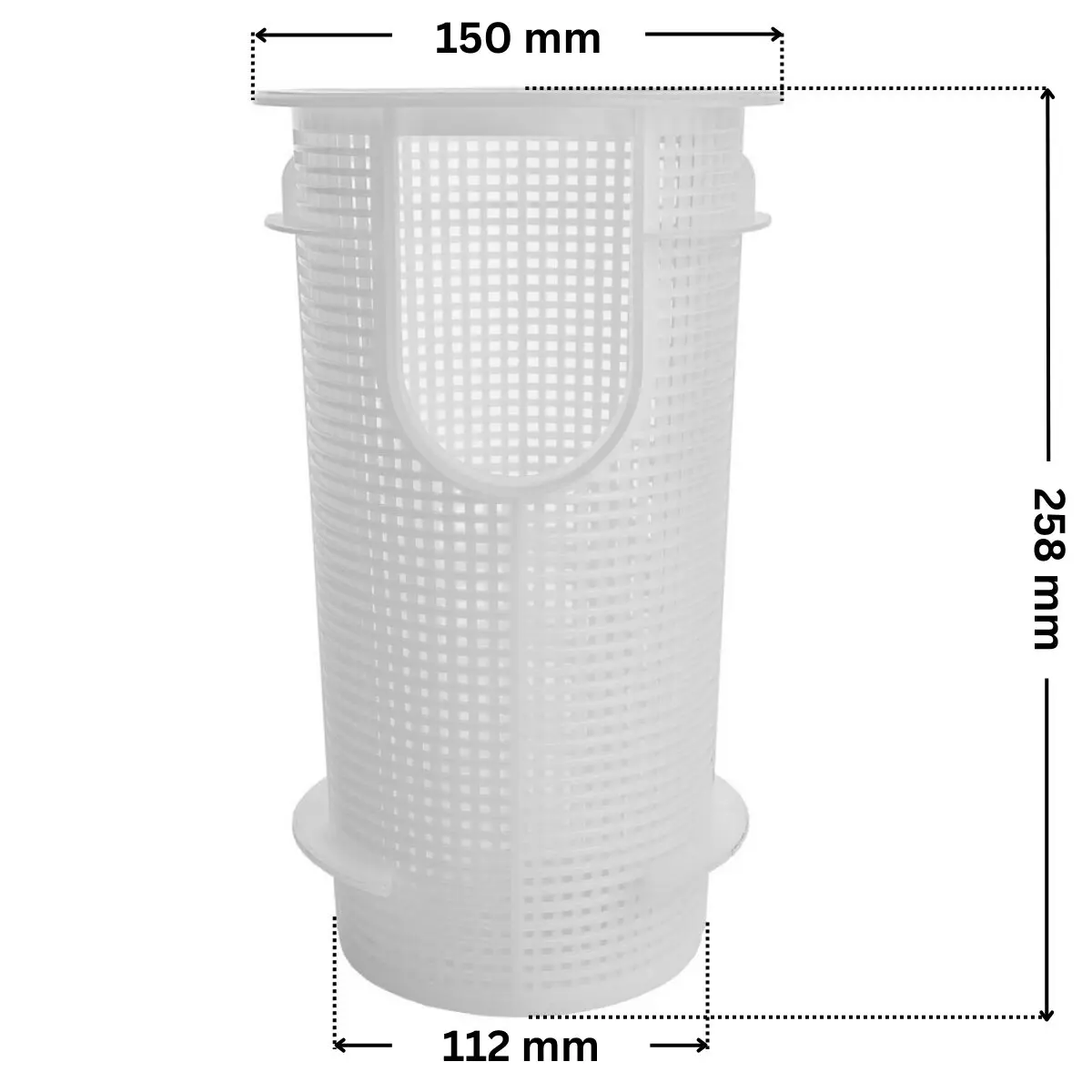 Cestello ricambio per pompe piscina Glass Plus, Victoria Plus e Victoria Plus Silent Astralpool con quote dimensionali: diametro esterno superiore 150 mm, diametro esterno inferiore 112 mm e altezza totale 258 mm.