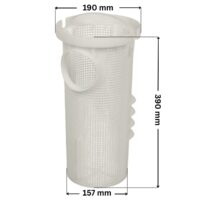 Cestello ricambio per pompe piscina Kapri Kripsol HCP3800 Hayward con quote dimensionali: diametro superiore esterno 190 mm, diametro inferiore esterno 157 mm e altezza totale 390 mm.