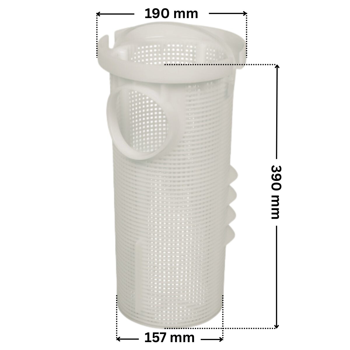 Cestello ricambio per pompe piscina Kapri Kripsol HCP3800 Hayward con quote dimensionali: diametro superiore esterno 190 mm, diametro inferiore esterno 157 mm e altezza totale 390 mm.