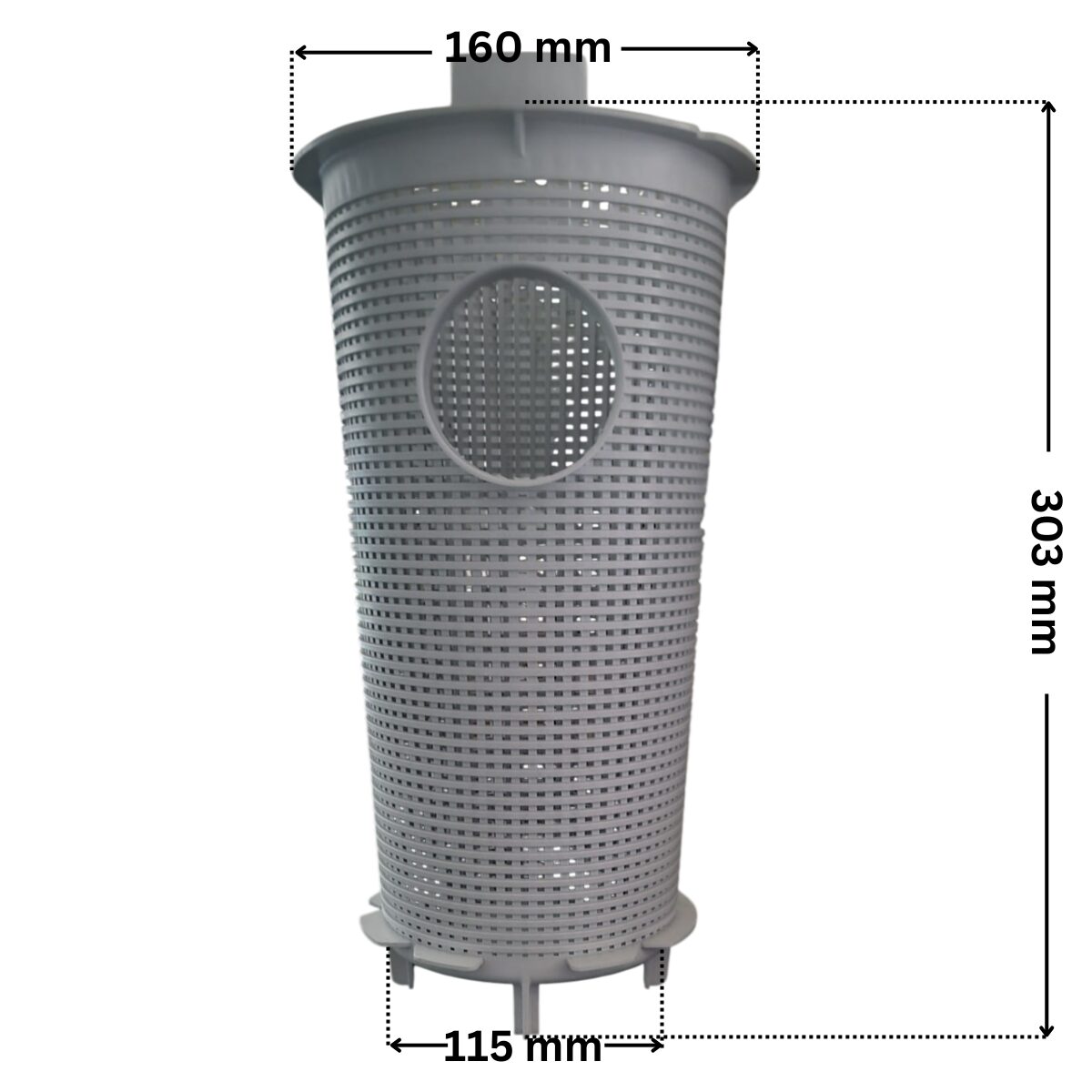 Cestello ricambio per pompe piscina Tifon e Tifon 1 Espa con quote dimensionali: diametro esterno superiore 160 mm, diametro esterno inferiore 115 mm e altezza totale compreso di piedini rigidi 303 mm.