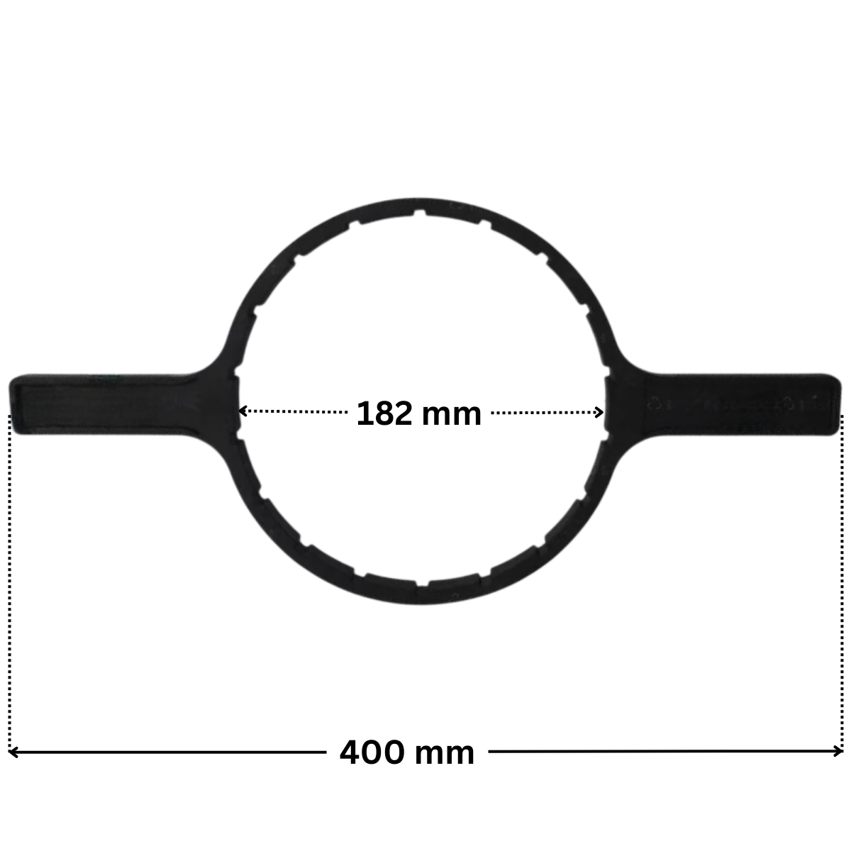 Chiave coperchio ricambio per pompa piscina Winner Saci con quote dimensionali: diametro interno 182 mm e lunghezza esterna totale 400 mm.