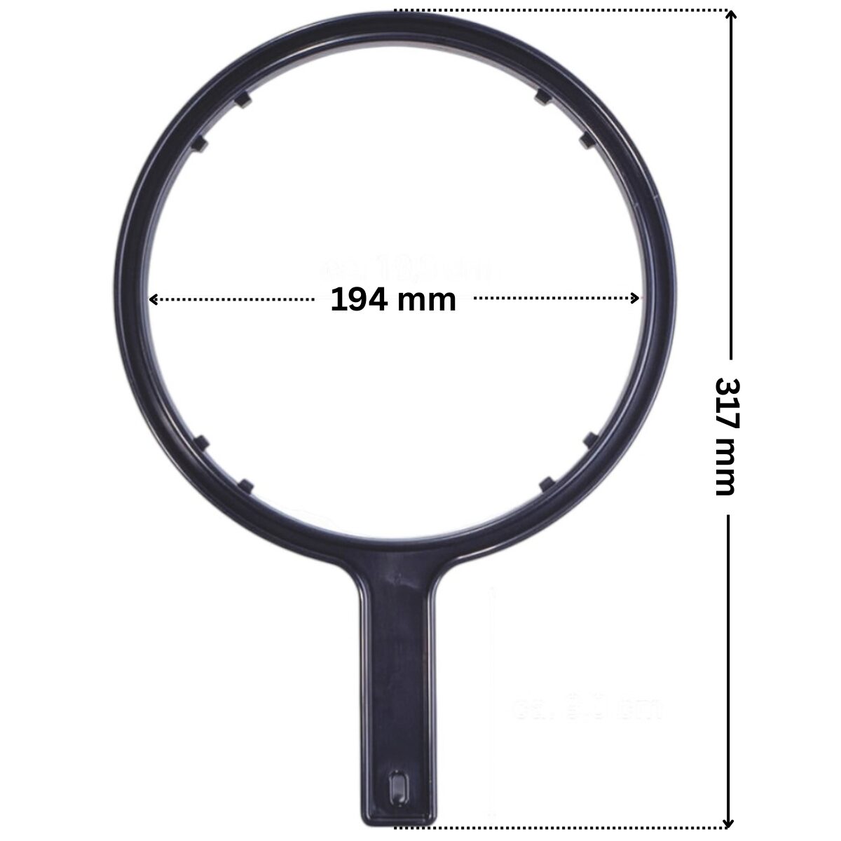 Chiave coperchio ricambio per pompe piscina Columbia, Glass Plus, Victoria Plus e Victoria Plus Silent Astralpool con quote dimensionali: diametro interno 194 mm e lunghezza esterna totale 317 mm.