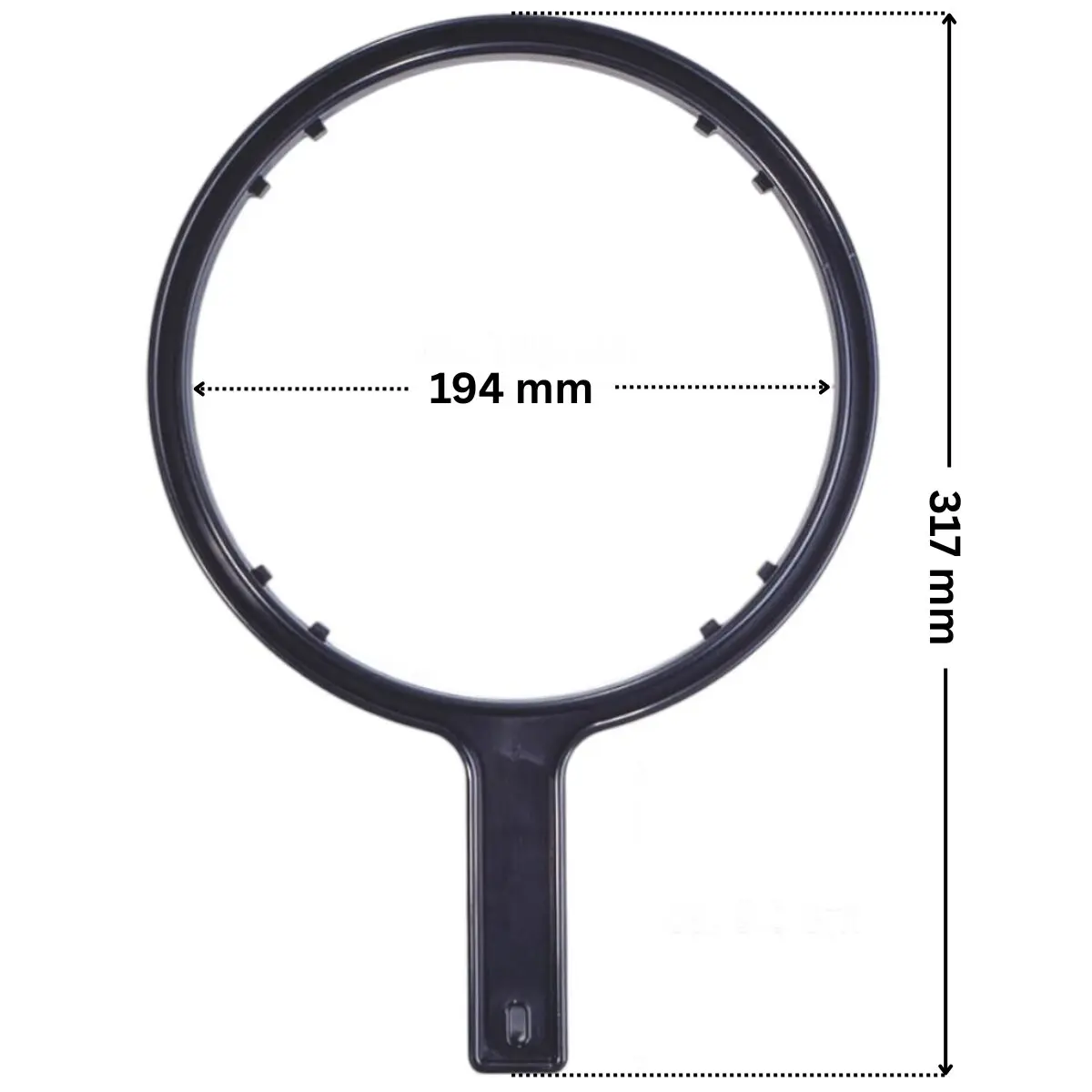 Chiave coperchio ricambio per pompe piscina Columbia, Glass Plus, Victoria Plus e Victoria Plus Silent Astralpool con quote dimensionali: diametro interno 194 mm e lunghezza esterna totale 317 mm.