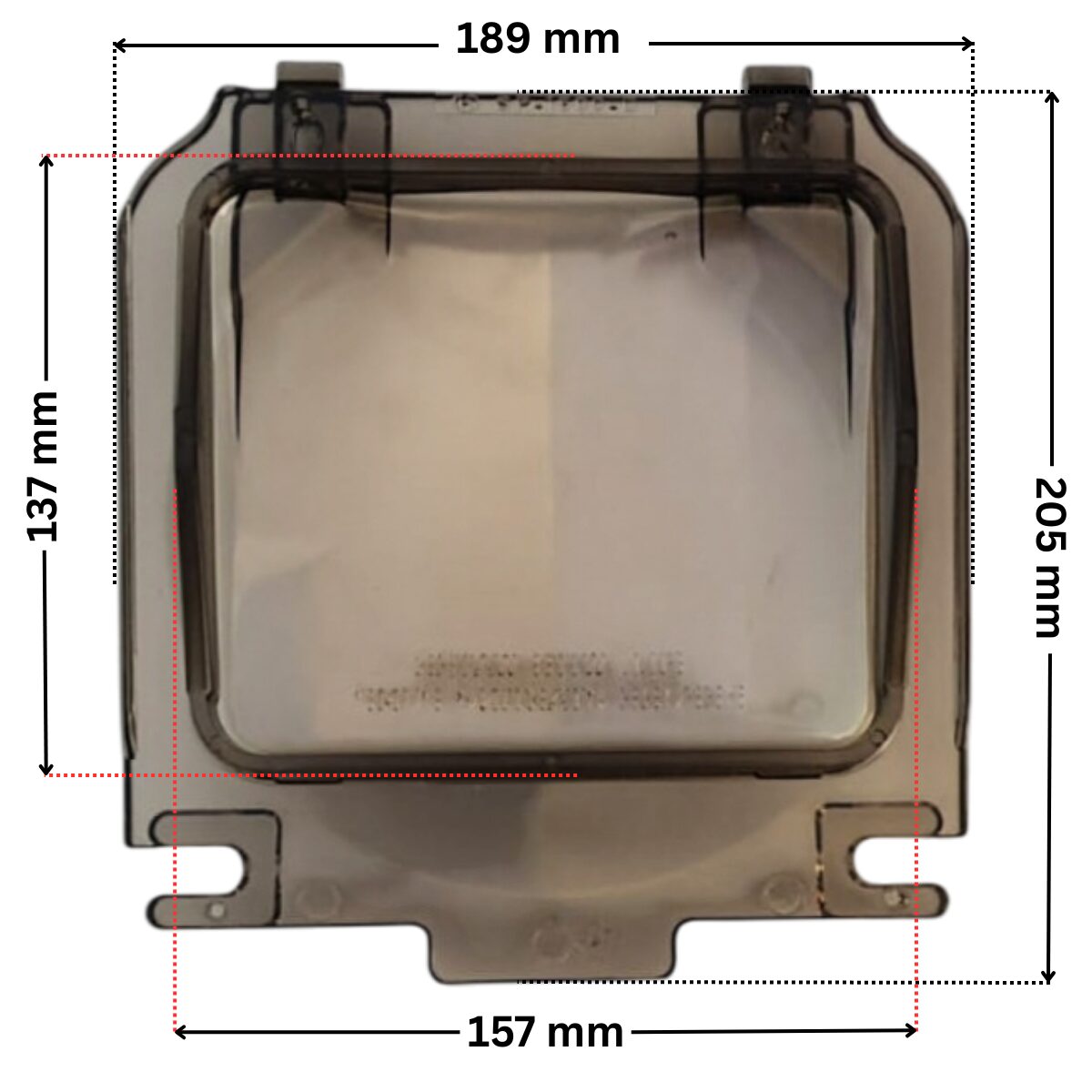 Coperchio ricambio per pompa piscina Super Pump Hayward con quote dimensionali: lunghezza esterna 189 mm, larghezza esterna 205 mm, lunghezza interna 157 mm e larghezza interna 137 mm.