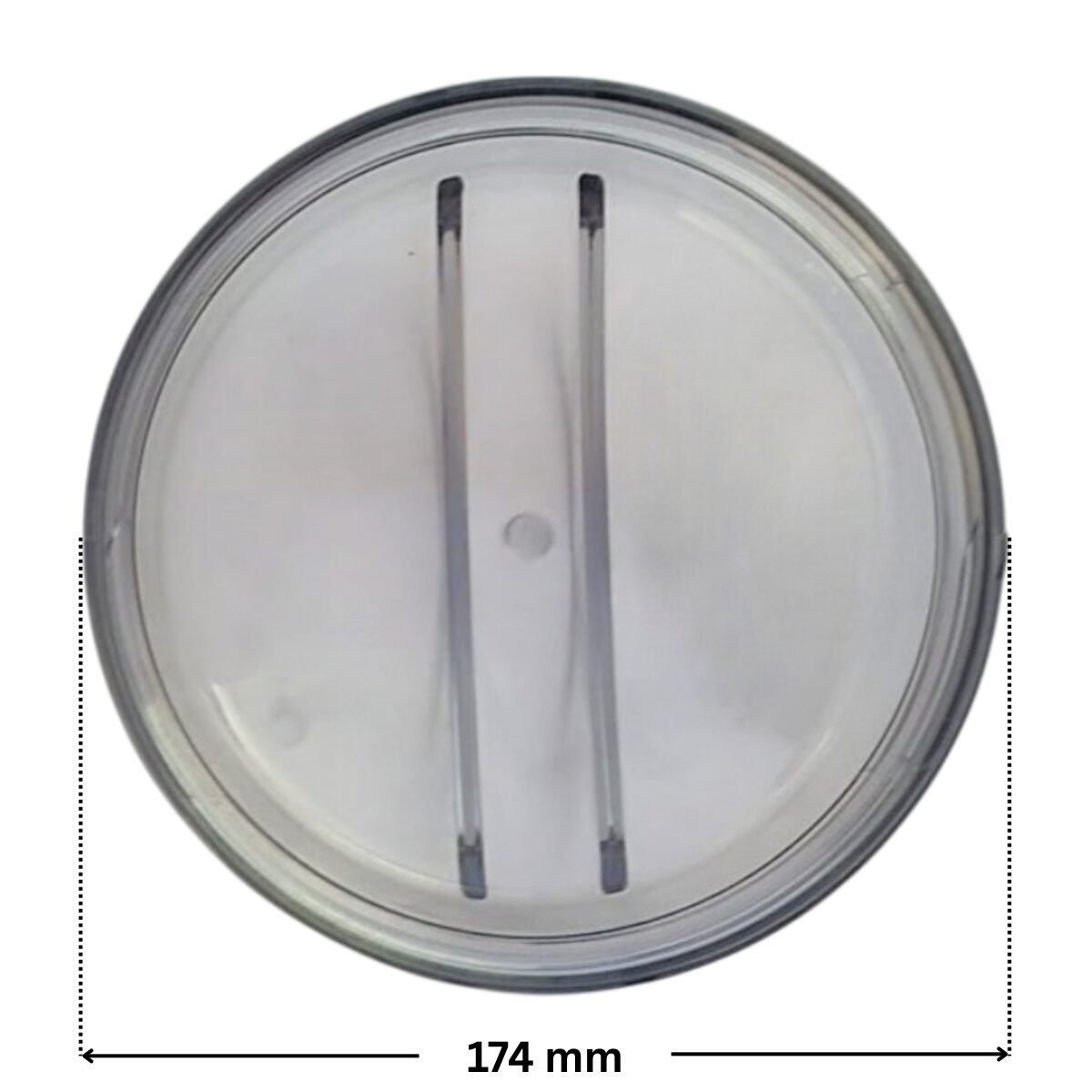 Vista dall’alto del coperchio vecchio modello ricambio per pompa piscina Silen Espa con quote dimensionali: diametro esterno 153 mm.