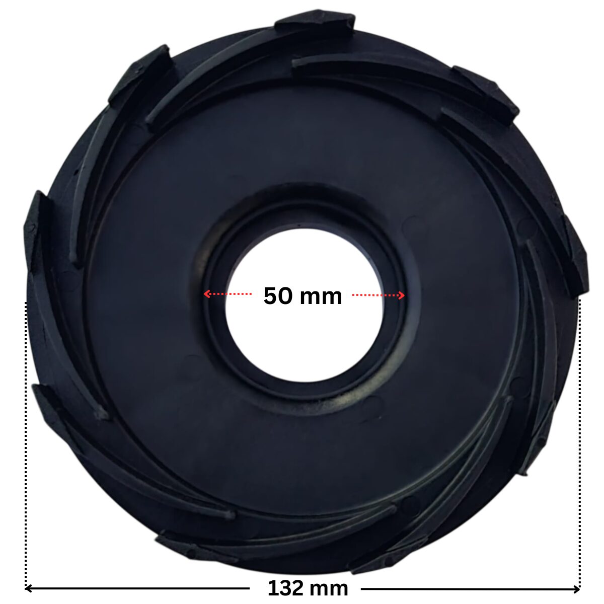 Vista posteriore frontale del diffusore ricambio per pompe piscina Iris Espa con quote dimensionali: diametro esterno 132 mm e diametro interno del foro centrale 50 mm