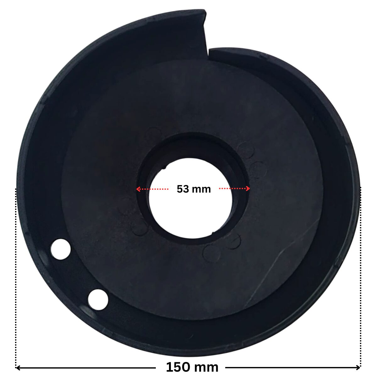 Vista posteriore del diffusore ricambio per pompa piscina Ondina Kripsol con quote dimensionali: diametro esterno 150 mm e diametro interno del foro centrale 53 mm.