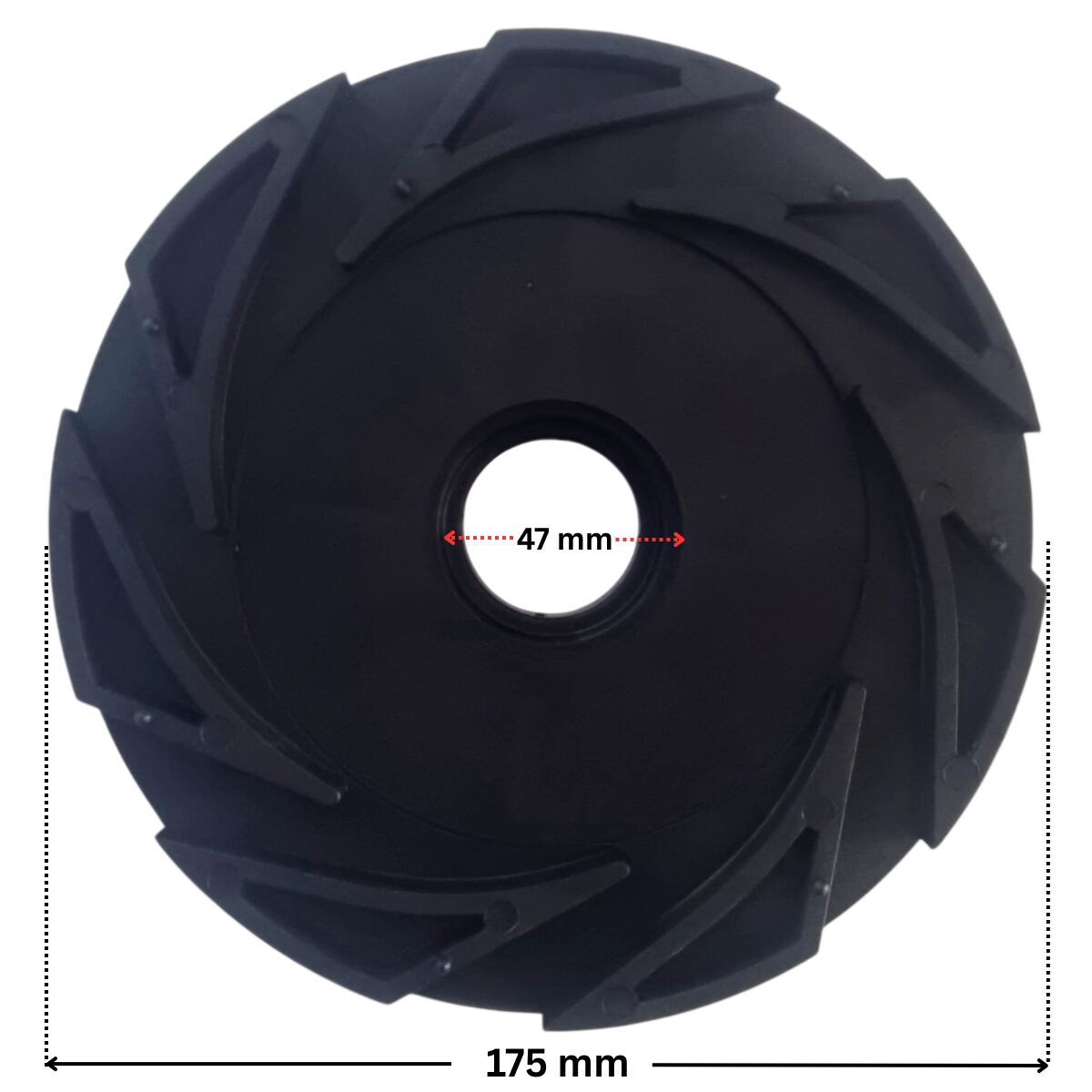 Vista posteriore del diffusore ricambio per pompa piscina Sena Astralpool con quote dimensionali: diametro esterno 175 mm, diametro interno del foro centrale 47 mm.