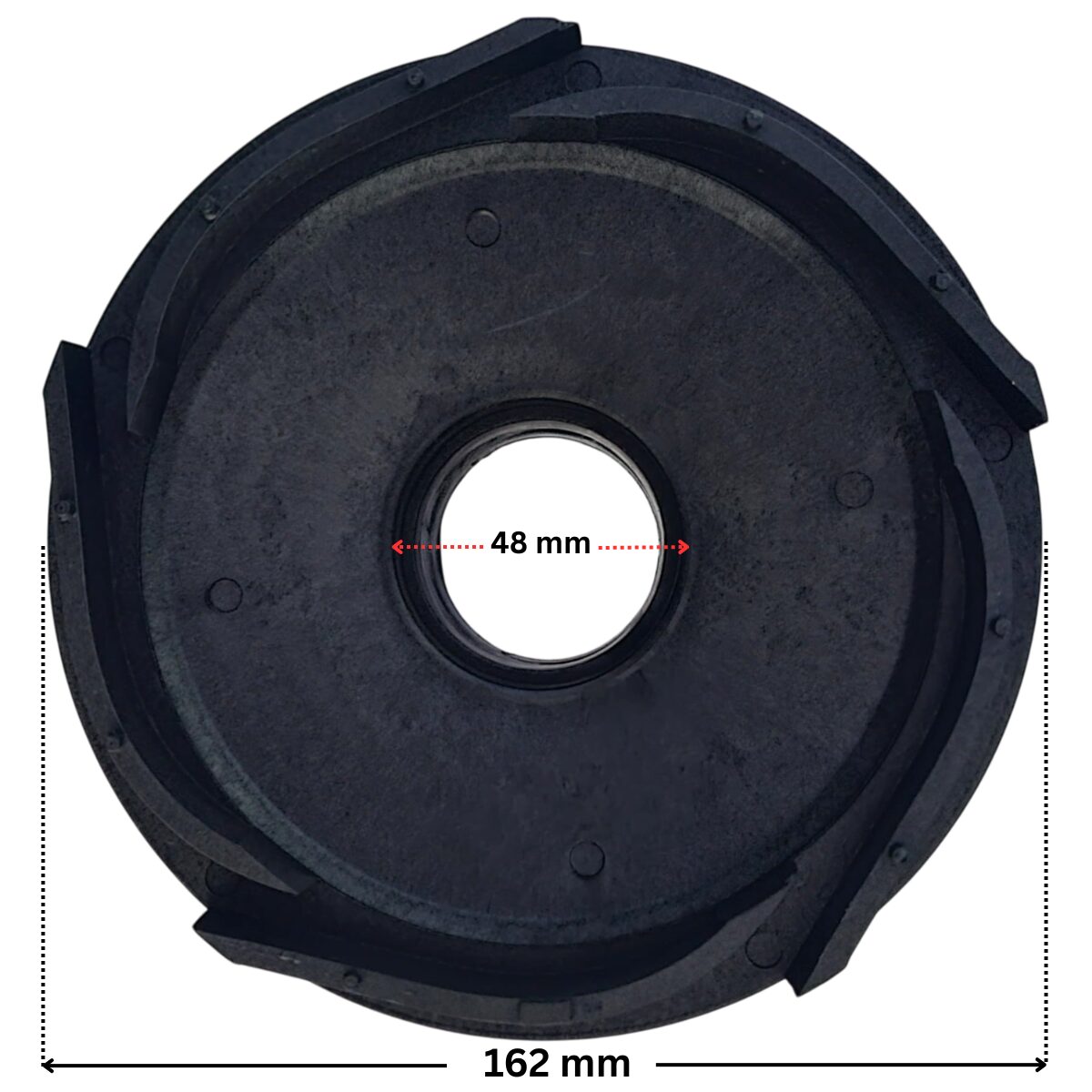 Vista frontale posteriore del diffusore ricambio per pompe piscina Denver e Discovery Astralpool con quote dimensionali: diametro esterno 162 mm e diametro interno del foro 48 mm.