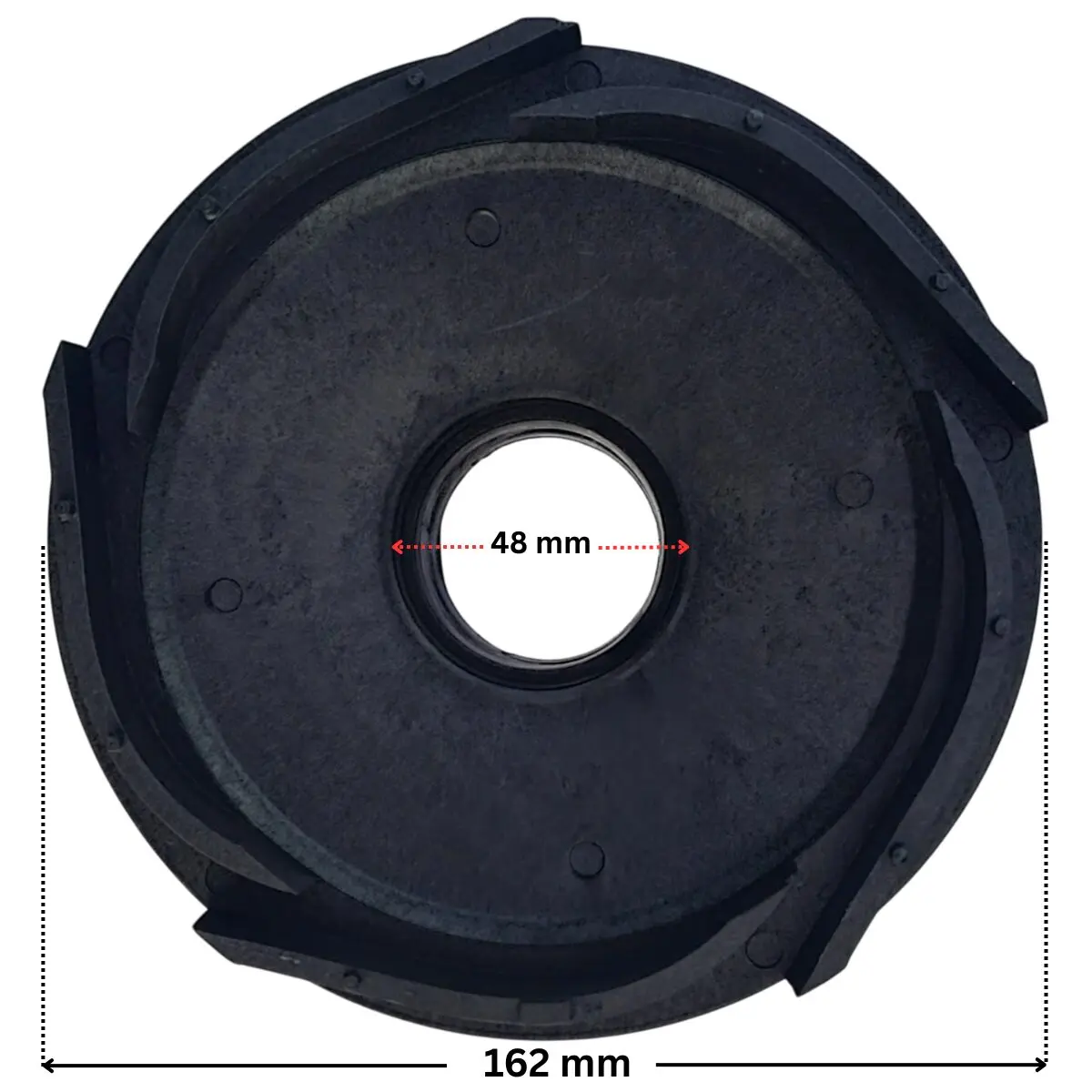 Vista frontale posteriore del diffusore ricambio per pompe piscina Denver e Discovery Astralpool con quote dimensionali: diametro esterno 162 mm e diametro interno del foro 48 mm.