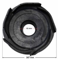 Vista frontale della parte posteriore del diffusore ricambio per pompe piscina Koral e Epsilon Kripsol con quote dimensionali: diametro esterno 167 mm e diametro interno foro centrale 61 mm.