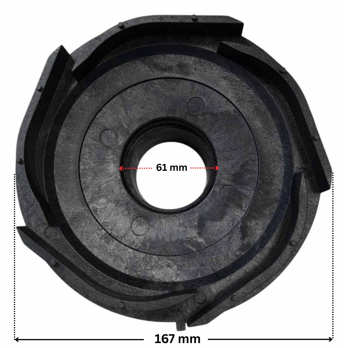 Vista frontale della parte posteriore del diffusore ricambio per pompe piscina Koral e Epsilon Kripsol con quote dimensionali: diametro esterno 167 mm e diametro interno foro centrale 61 mm.
