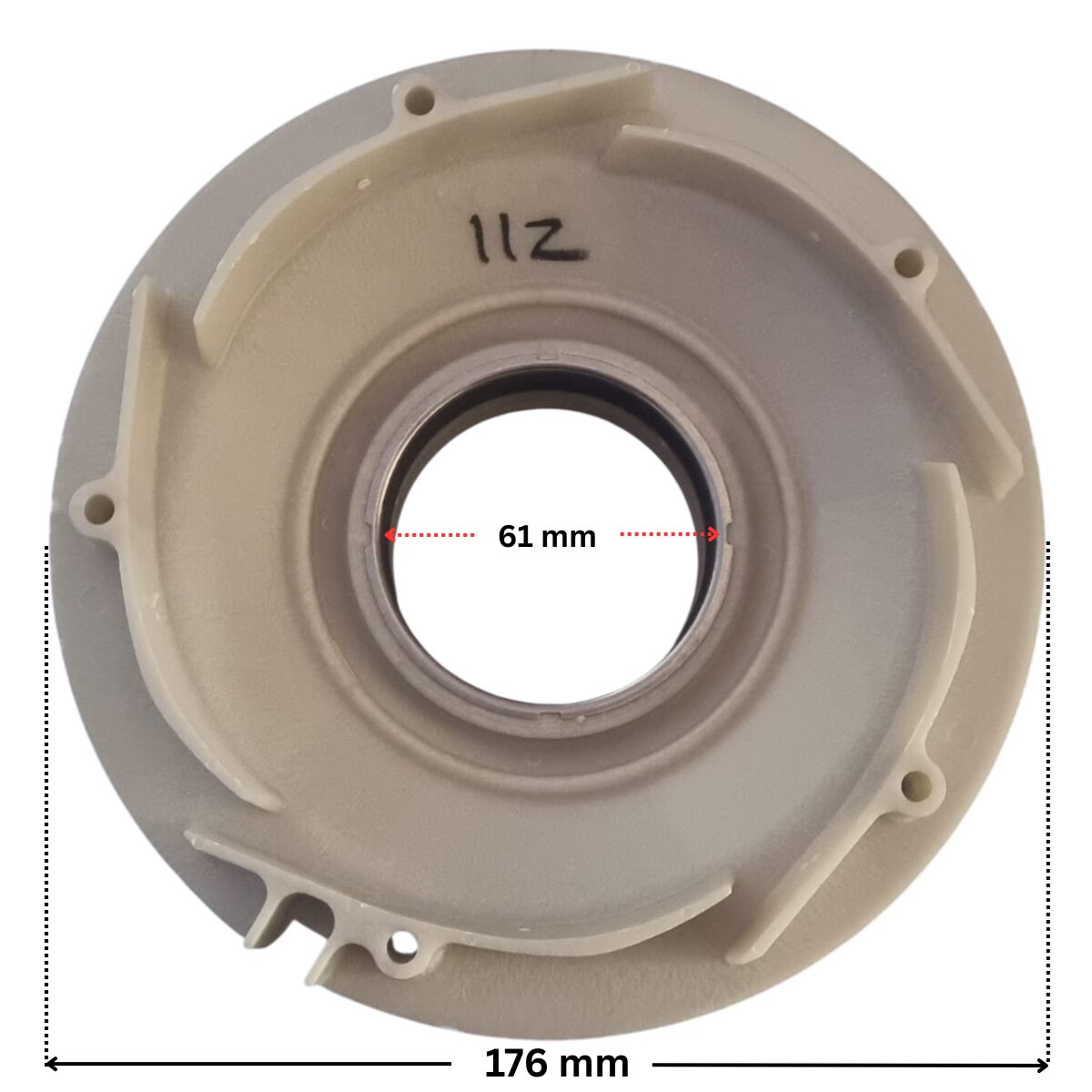 Vista frontale posteriore del diffusore ricambio per pompe piscina Sta-Rite 5P6R e La Sta-Rite HD Pentair con quote dimensionali: diametro esterno 176 mm e diametro interno del foro centrale 61 mm.