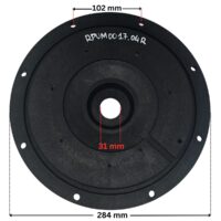 Vista posteriore frontale della flangia motore ricambio per pompe piscina Kapri Kripsol HCP3800 Hayward con quote dimensionali: diametro esterno 284 mm, diametro interno del foro centrale 31 mm e interassi fori viti 102 mm.