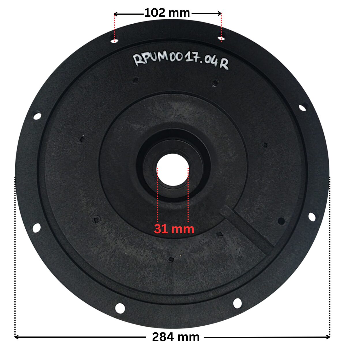 Vista posteriore frontale della flangia motore ricambio per pompe piscina Kapri Kripsol HCP3800 Hayward con quote dimensionali: diametro esterno 284 mm, diametro interno del foro centrale 31 mm e interassi fori viti 102 mm.