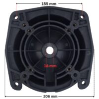 Vista frontale posteriore della flangia motore ricambio per pompe piscina Koral e Epsilon Kripsol con quote dimensionali: diametro esterno totale 206 mm, diametro interno del foro centrale 18 mm e interassi fori esterni 155 mm.