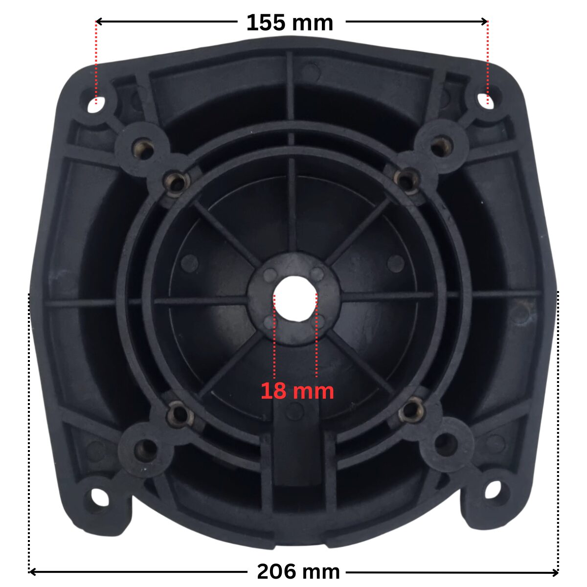 Vista frontale posteriore della flangia motore ricambio per pompe piscina Koral e Epsilon Kripsol con quote dimensionali: diametro esterno totale 206 mm, diametro interno del foro centrale 18 mm e interassi fori esterni 155 mm.