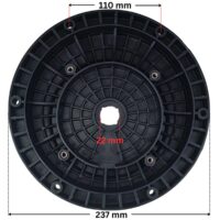 Vista posteriore frontale della flangia motore ricambio per pompe piscina Silen e Silen S Espa con quote dimensionali: diametro esterno 237 mm e diametro interno del foro centrale 21 mm interasse dei fori per le viti esterne della flangia di 110 mm.