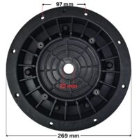 Vista posteriore frontale della flangia motore ricambio per pompe piscina Silen2 e Silen S2 Espa con quote dimensionali: diametro esterno 269 mm, diametro interno del foro centrale 22 mm e interassi dei fori per le viti esterne 97 mm.