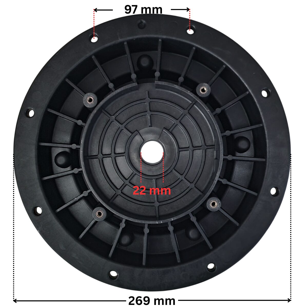 Vista posteriore frontale della flangia motore ricambio per pompe piscina Silen2 e Silen S2 Espa con quote dimensionali: diametro esterno 269 mm, diametro interno del foro centrale 22 mm e interassi dei fori per le viti esterne 97 mm.