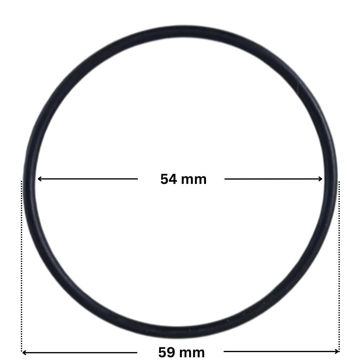 Guarnizione bocchettone ricambio per pompa piscina Sena Astralpool con quote dimensionali: diametro esterno 59 mm e diametro interno 54 mm.