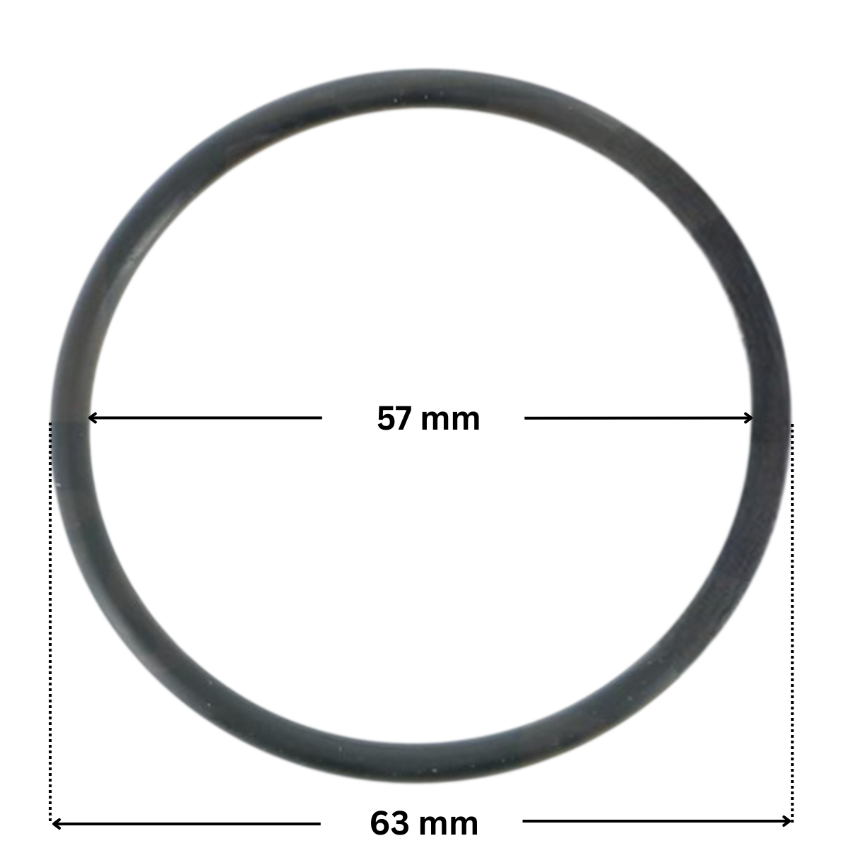 Guarnizione bocchettone ricambio per pompa piscina Nocchi Swimmey Pentair con quote dimensionali: diametro interno 57 mm e diametro esterno 63 mm.