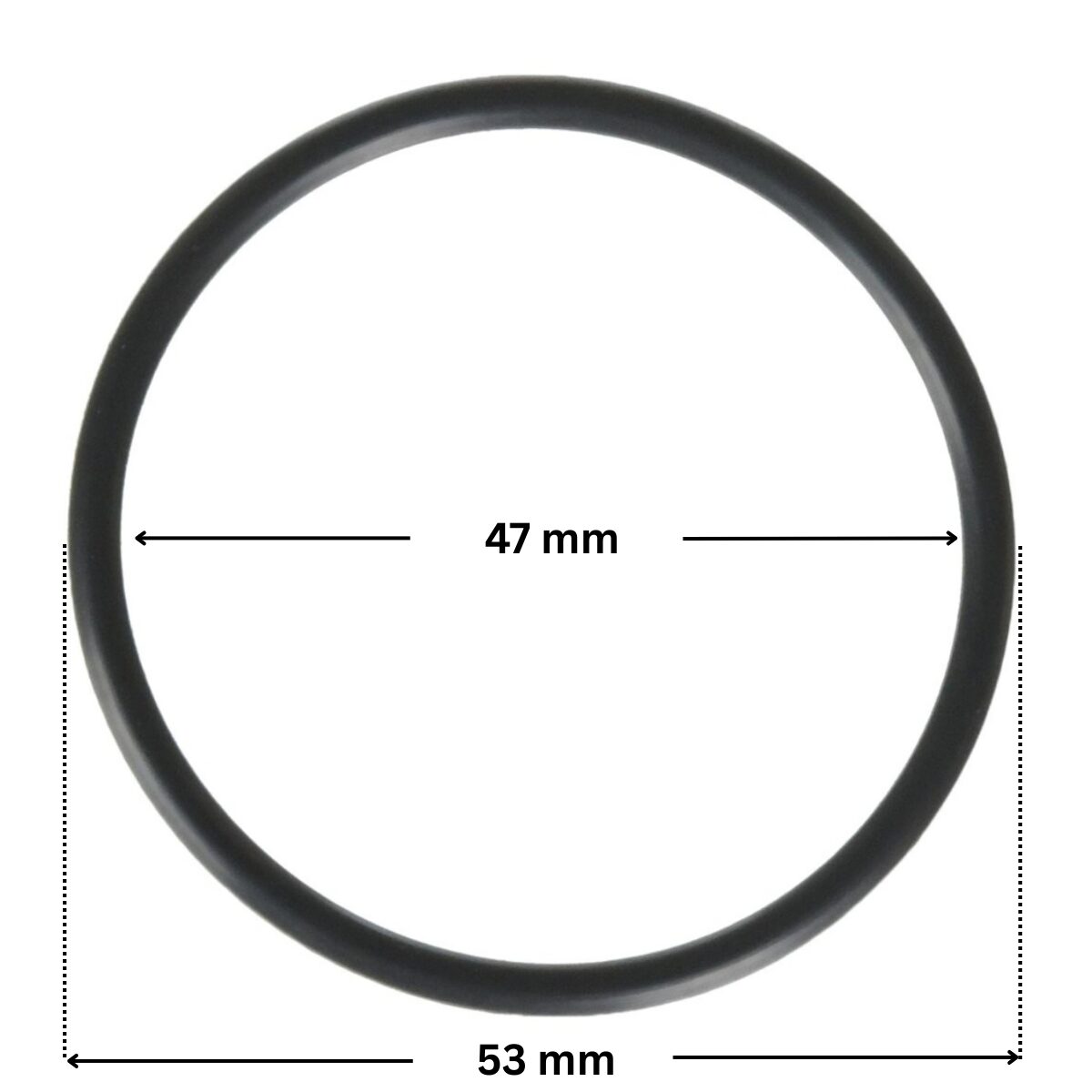 Guarnizione bocchettone ricambio per pompa piscina Powerflo Hayward con quote dimensionali: diametro interno 47 mm e diametro esterno 53 mm.