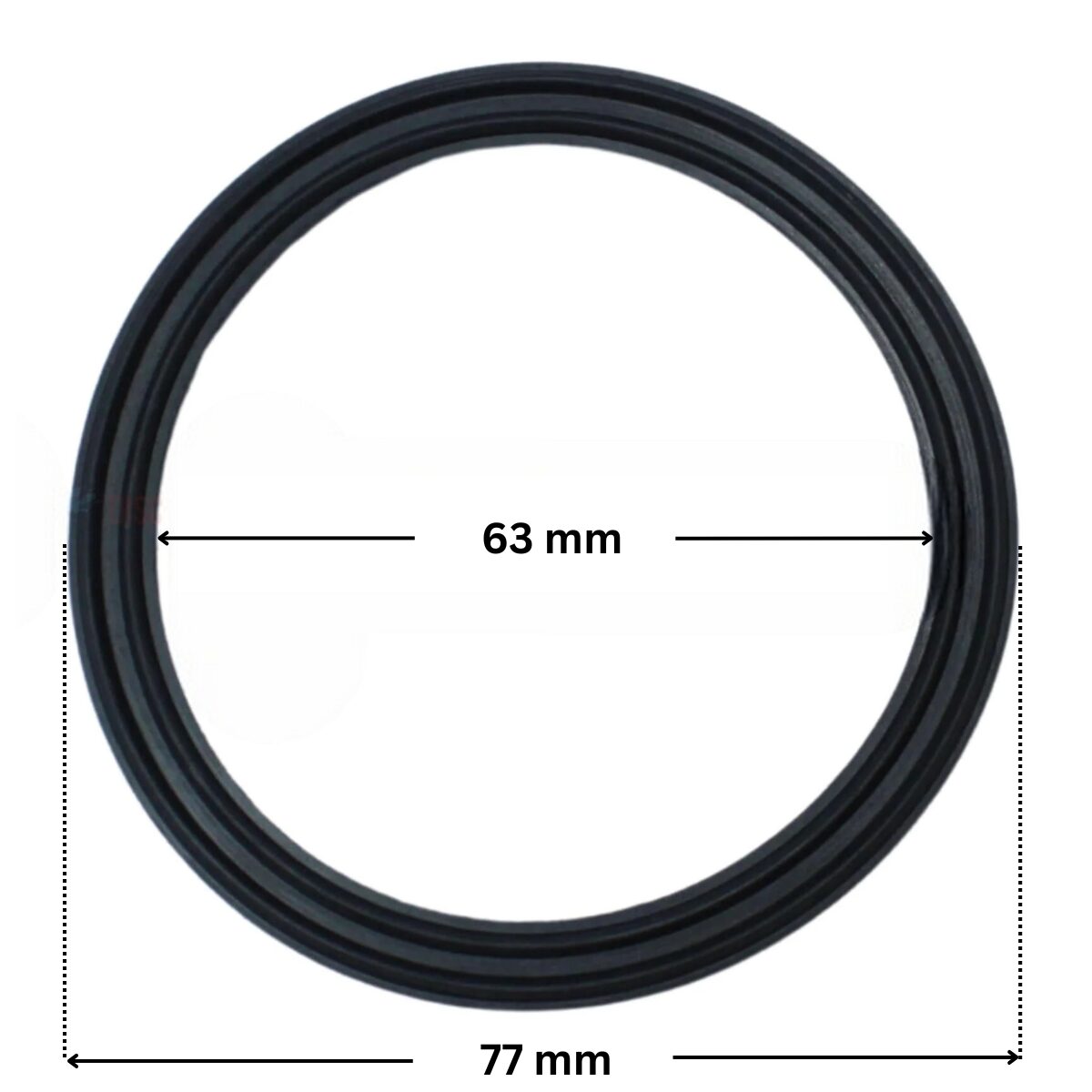 Guarnizione bocchettone ricambio per pompa piscina Tri-star Hayward con quote dimensionali: diametro esterno 77 mm e diametro interno 63 mm.