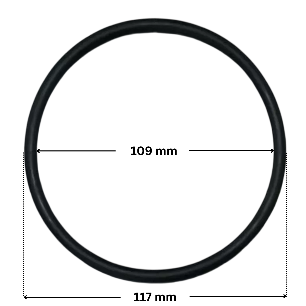 Guarnizione coperchio ricambio per pompe piscina Iris Espa con quote dimensionali: diametro interno 109 mm e diametro esterno 117 mm.