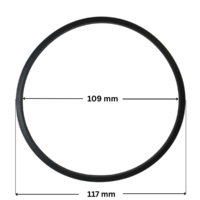 Guarnizione coperchio ricambio per pompa piscina Max-Flo Hayward con quote dimensionali: diametro esterno 117 mm e diametro interno 109 mm.
