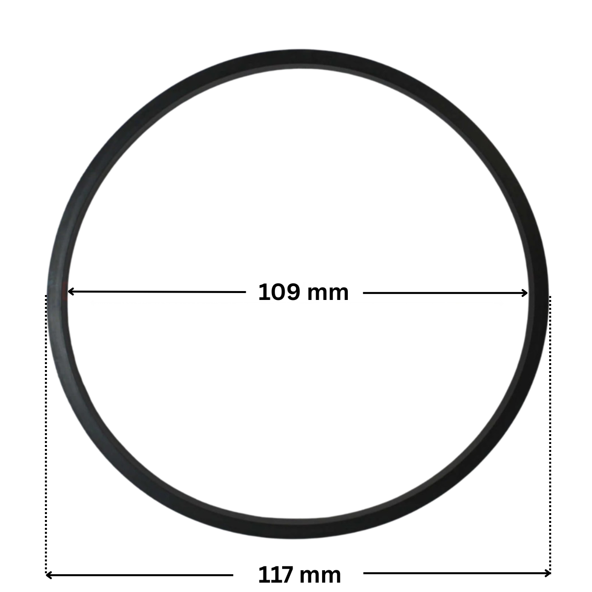 Guarnizione coperchio ricambio per pompa piscina Max-Flo Hayward con quote dimensionali: diametro esterno 117 mm e diametro interno 109 mm.