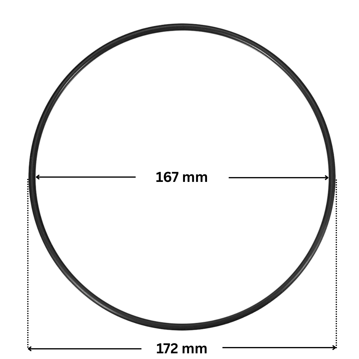 Guarnizione coperchio ricambio per pompe piscina Silen2, Silen S2, Tifon e Tifon 1 Espa con quote dimensionali: diametro interno 167 mm e diametro esterno 172 mm.