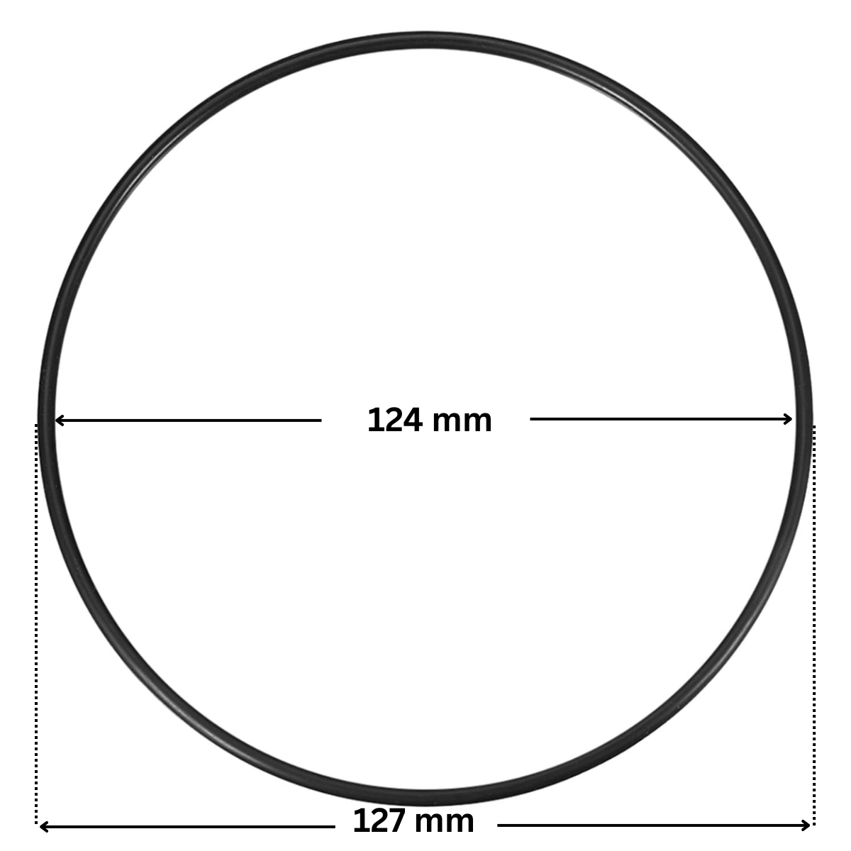 Guarnizione corpo prefiltro ricambio per pompa piscina Maxim Astralpool con quote dimensionali: diametro esterno 127 mm e diametro interno 124 mm.