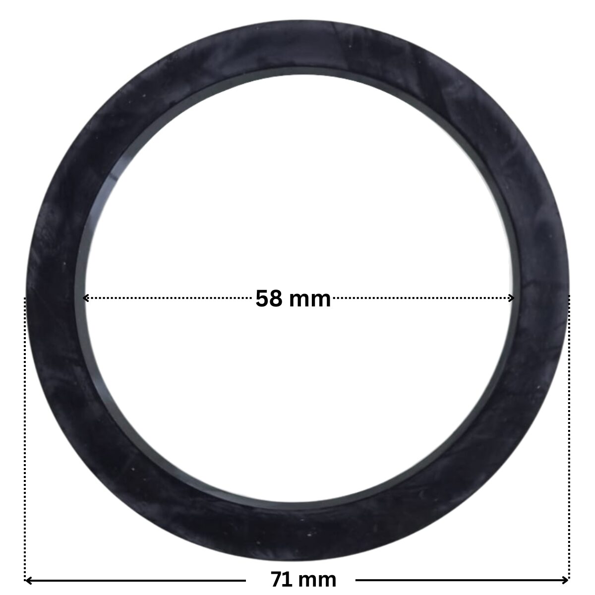 Guarnizione diffusore ricambio per pompe piscina Columbia e Glass Plus Astralpool con quote dimensionali: diametro interno 58 mm e diametro esterno 71 mm.