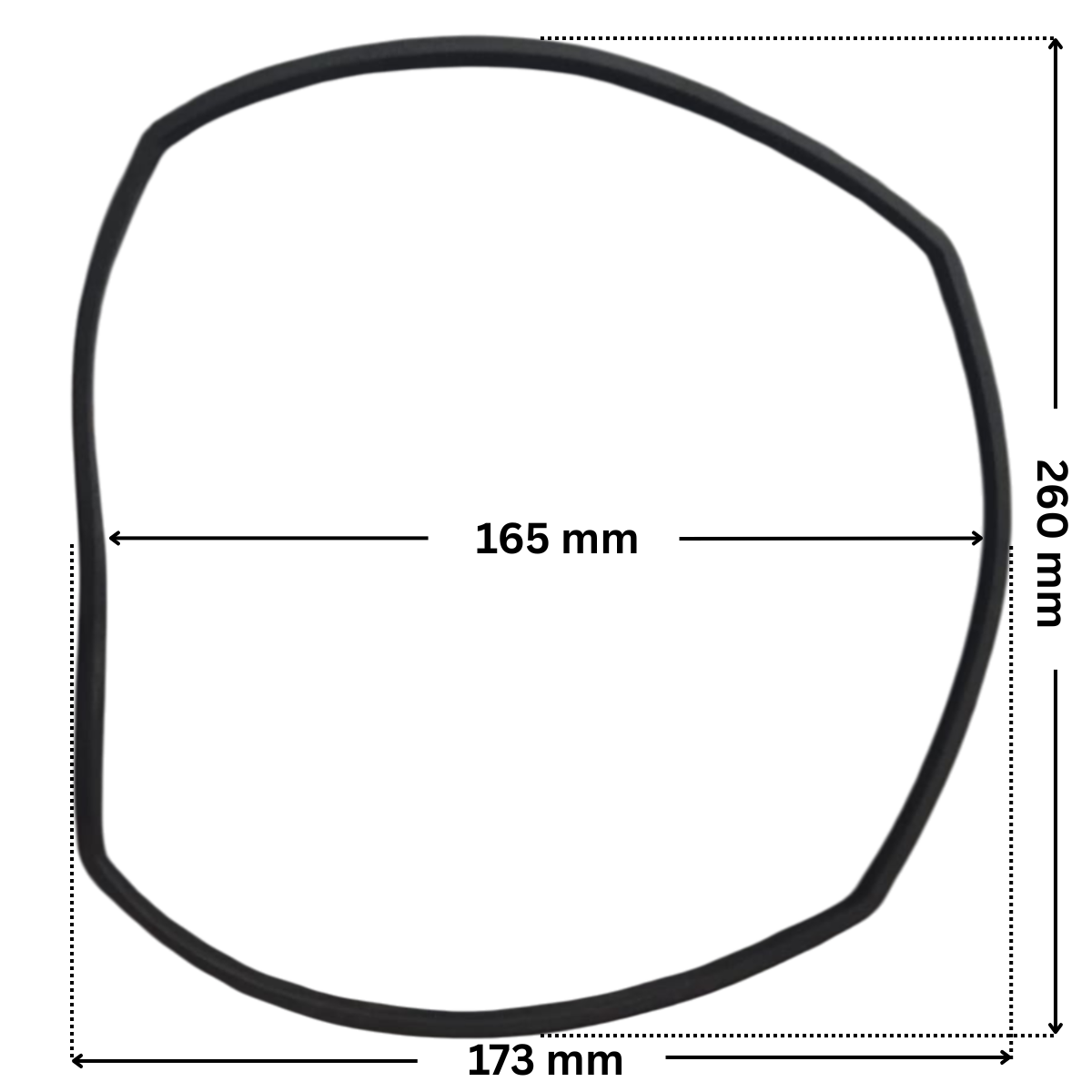 Guarnizione flangia motore ricambio per pompa piscina Glass Plus Astralpool con quote dimesnionali: lunghezze esterne totali 260 mm per 173 mm e diametro interno 165 mm.