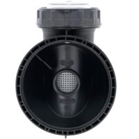 Vista posteriore del kit composto da cestello, coperchio, corpo prefiltro, ghiera coperchio, guarnizione coperchio e tappo scarico ricambio per pompe piscina Iris Espa