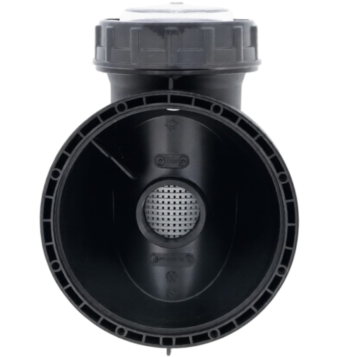 Vista posteriore del kit composto da cestello, coperchio, corpo prefiltro, ghiera coperchio, guarnizione coperchio e tappo scarico ricambio per pompe piscina Iris Espa